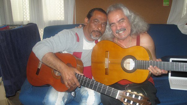201004 Carlos Heredia and Freddie with 2 of Carlos' guitars
